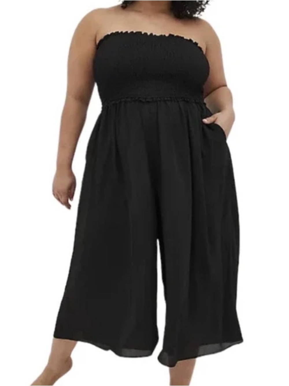 [1/US:1X]Torrid Crepe Midi Smocked Coverup Jumpsuit Black Strapless Wide Leg